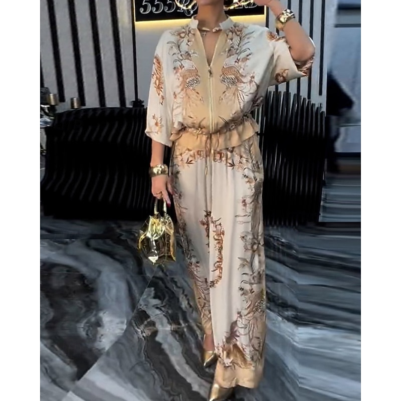 Stand Collar Floral Blouse & Casual Pants Set