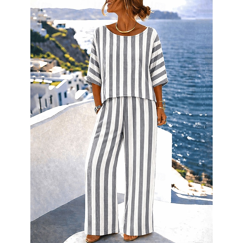 Striped Waffle Knit Half Sleeve Pants Set