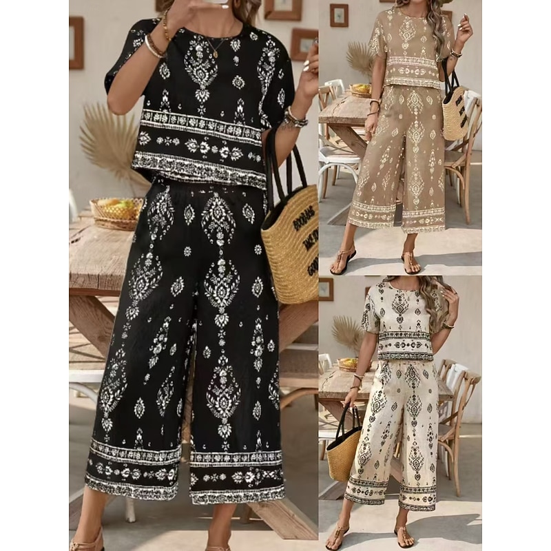 Floral Graphic Short Sleeve Casual Pants Set