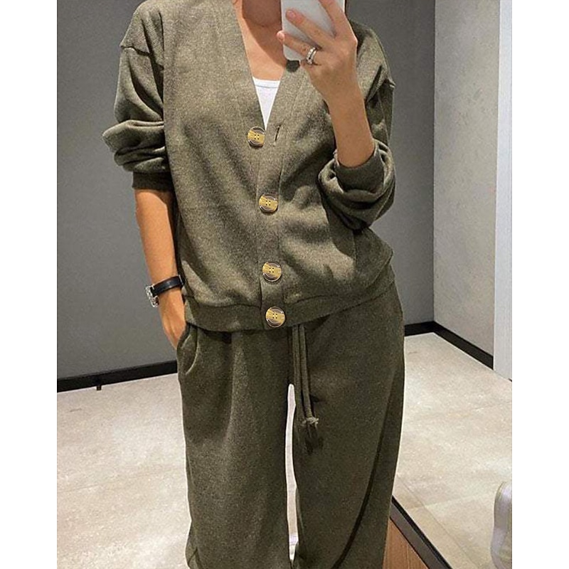Solid V-Neck Blouse & Pants Set