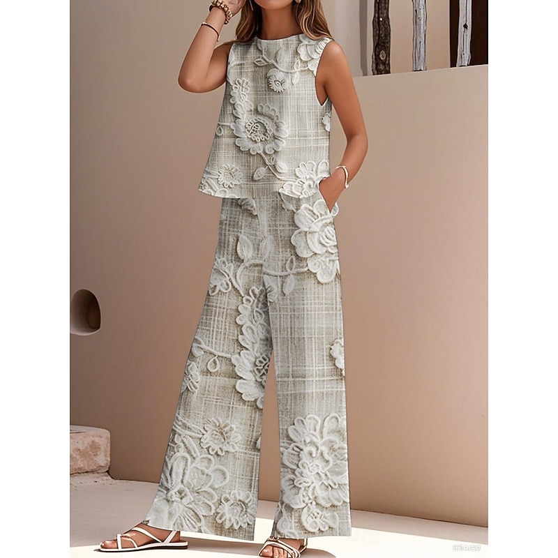 Floral Print Sleeveless Vacation Pants Set