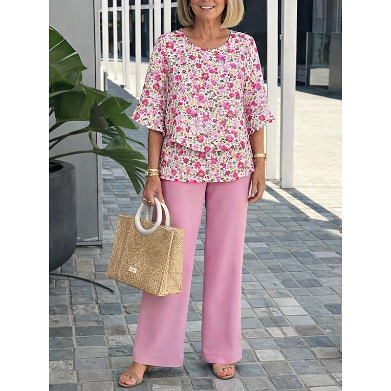 Floral Graphic Butterfly Sleeve Pants Set