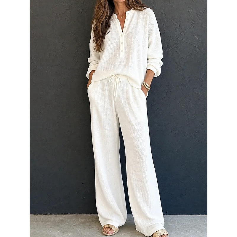 Waffle Knit Henley Top & Pants Set
