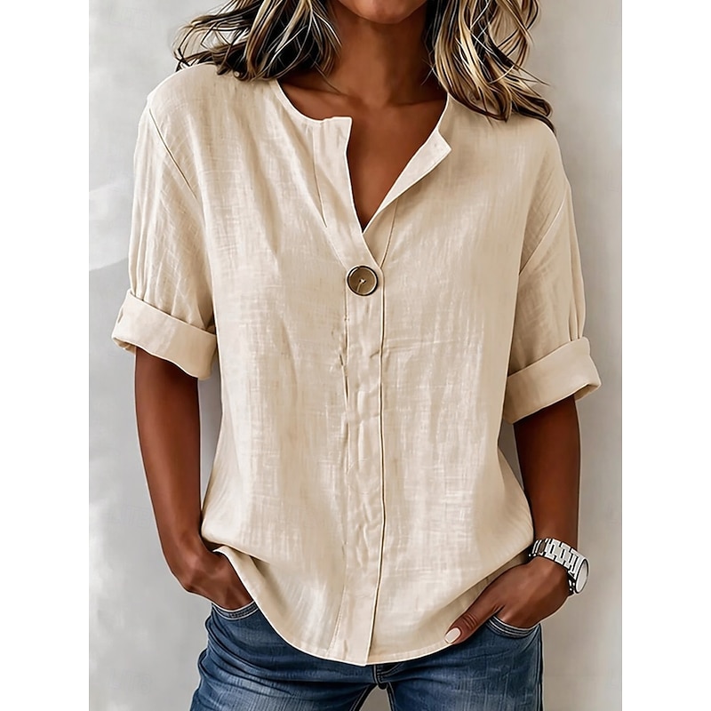 Linen-Feel Vintage V-Neck Short Sleeve Blouse