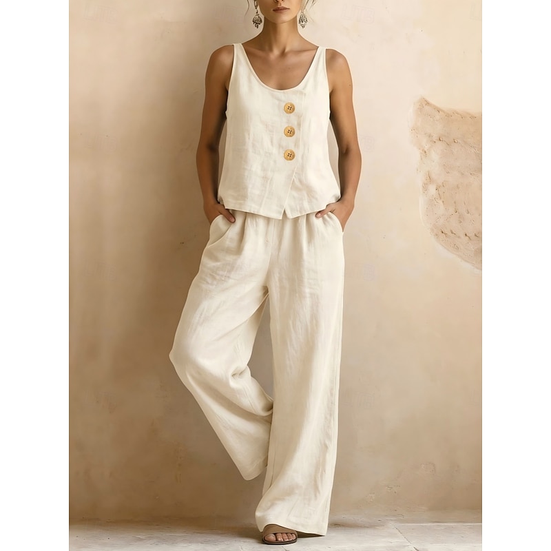 Solid U-Neck Sleeveless Casual Pants Set