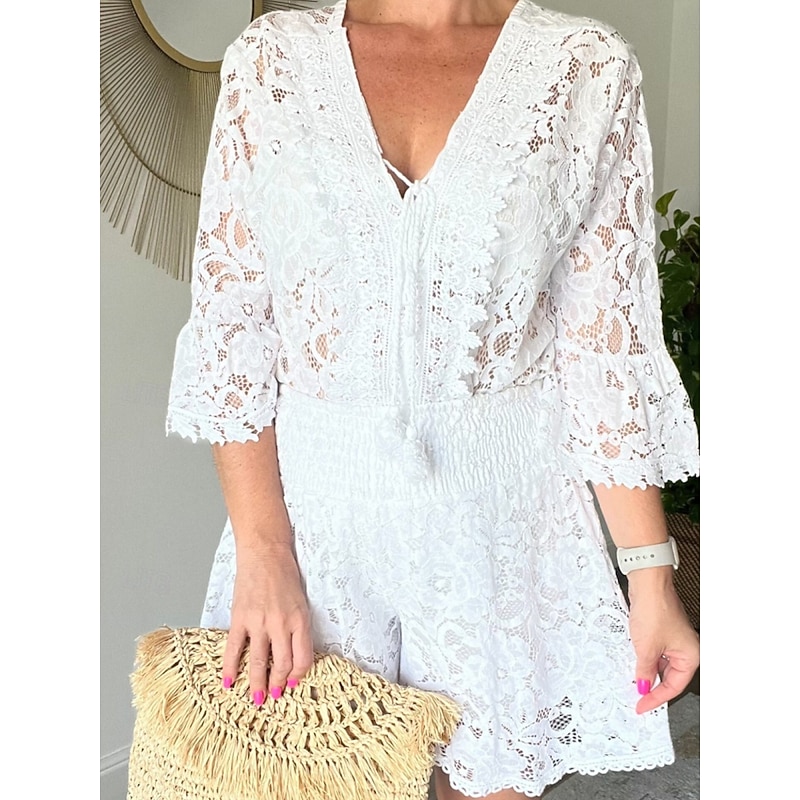 Lace V-Neck Shirt & Baggy Shorts Set