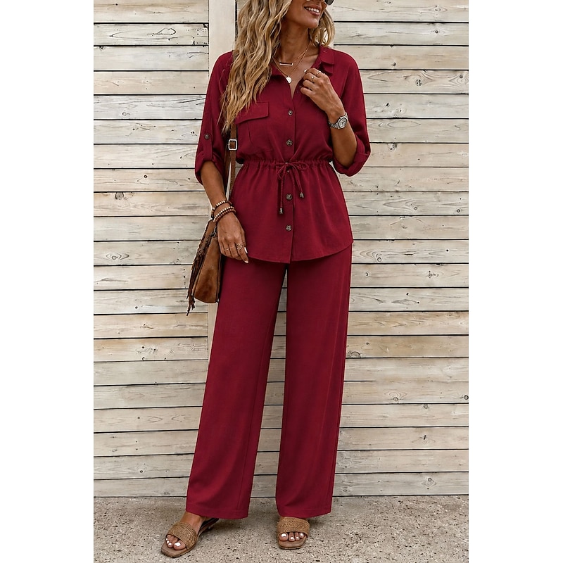 Button-Down Tunic Shirt & Wide-Leg Pants Set
