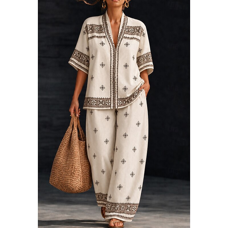 Geometric Floral Short Sleeve Cotton Linen Set