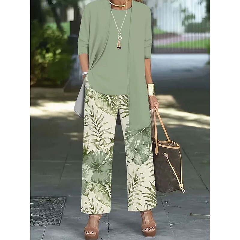 Leaves Print Long Sleeve Casual Pants Set