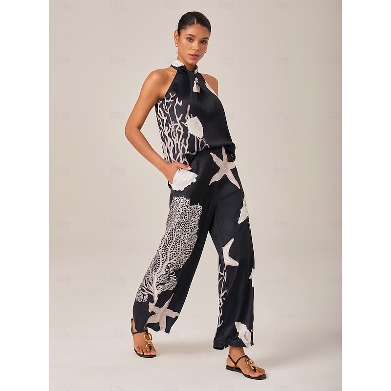 Ocean Print Satin Sleeveless Two-Piece Set