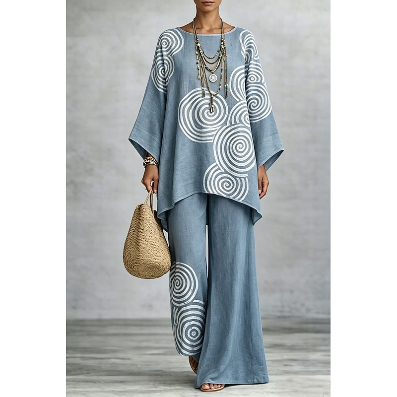 Geometric Print Long Sleeve Casual Pants Set
