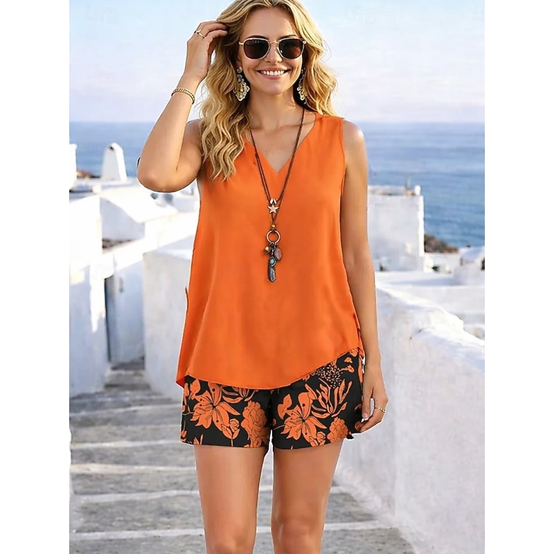 Floral V-Neck Sleeveless Vacation Shorts Set