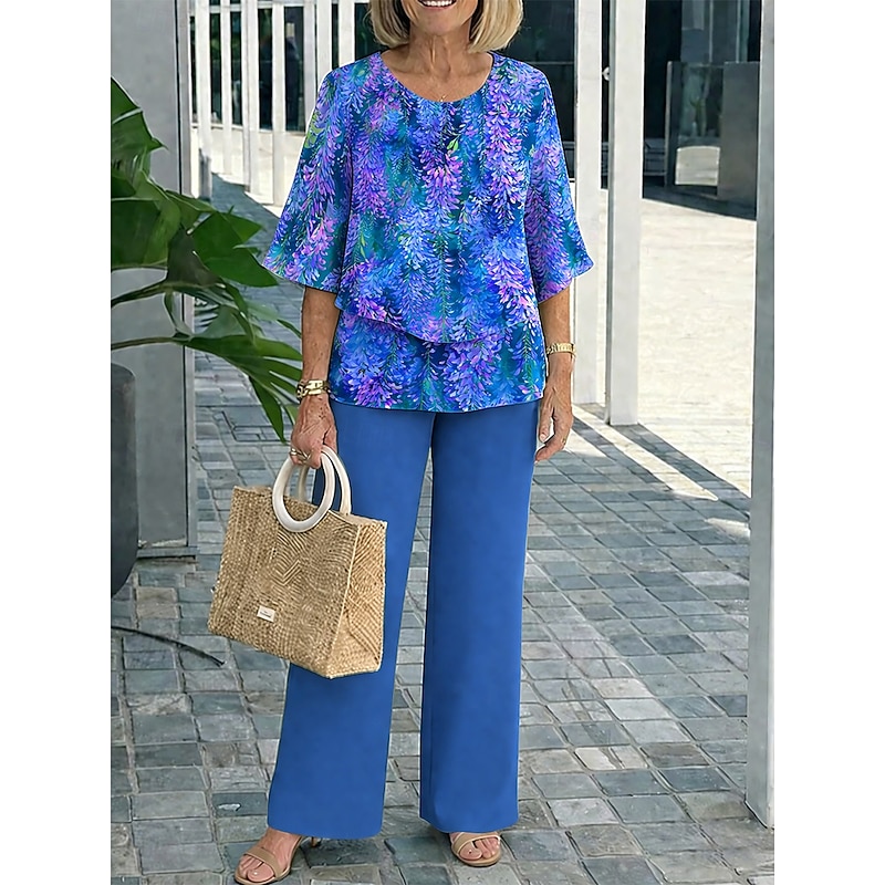 Floral Print 3/4 Sleeve Vacation Pants Set