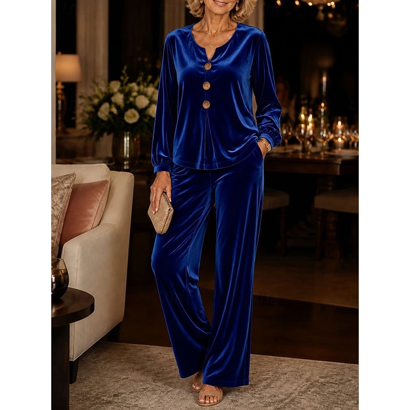 Solid Velvet V-Neck Long Sleeve Pants Set