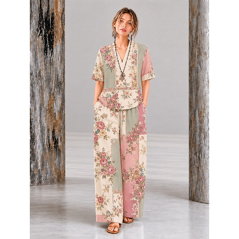 Floral Geometric Cotton Linen Pants Set