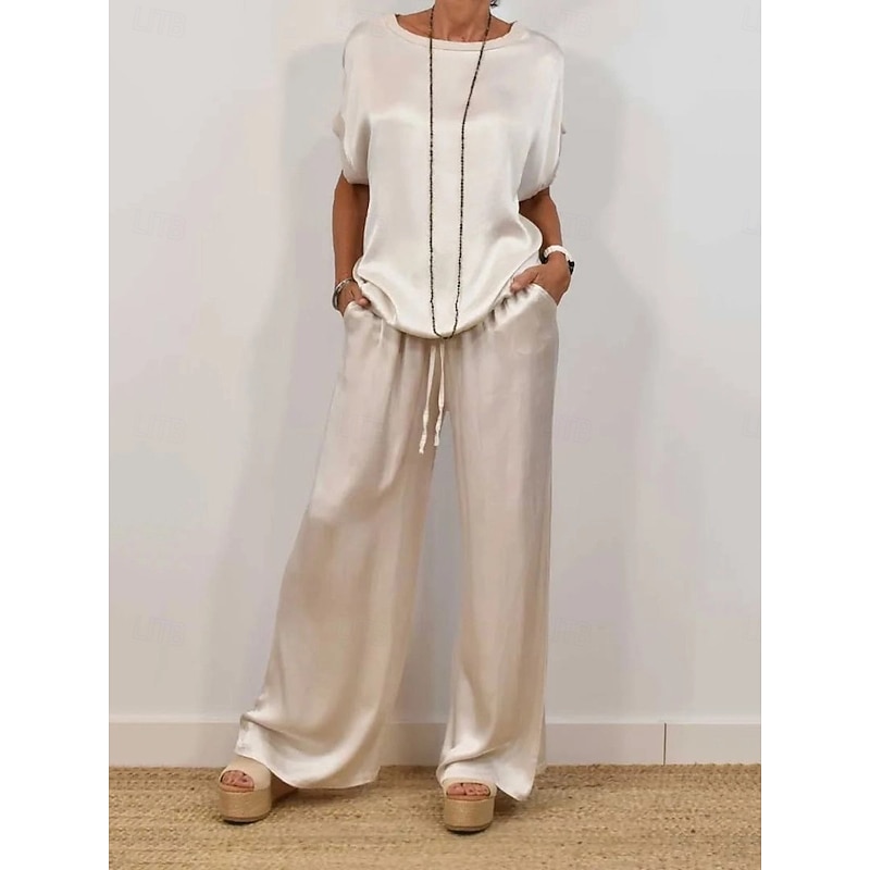 Chic Satin Short Sleeve & Wide-Leg Pants Set