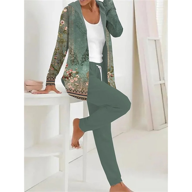Floral Graphic Drawstring Hooded Tracksuit Set