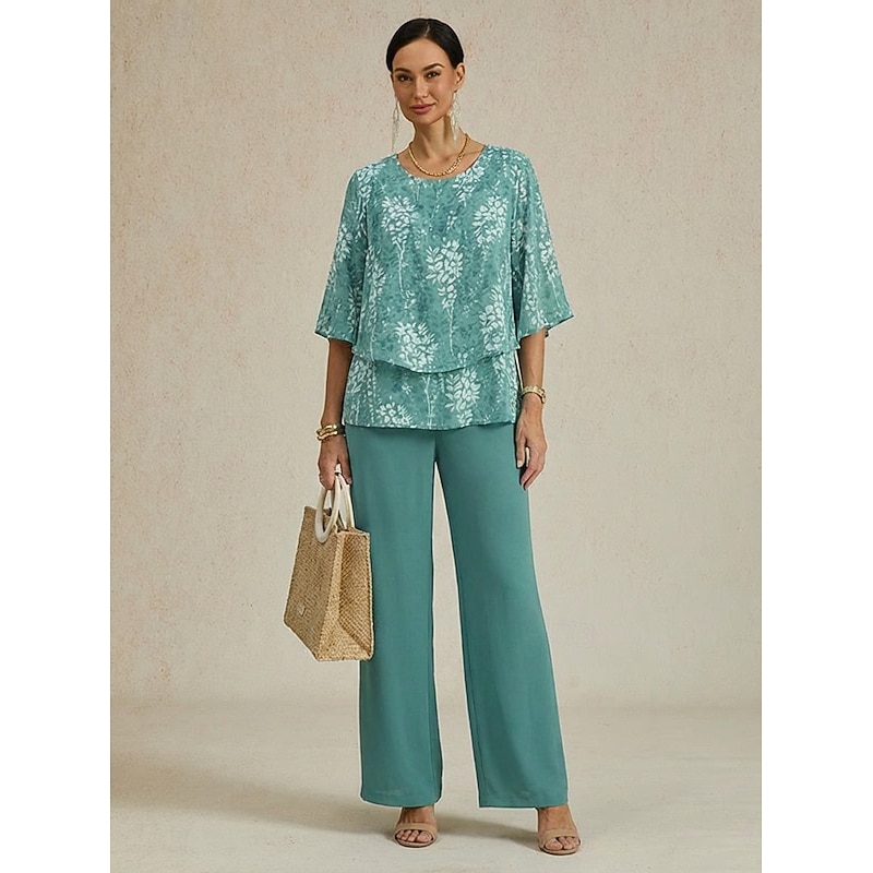 Floral Chiffon Half Sleeve Wedding Pants Set