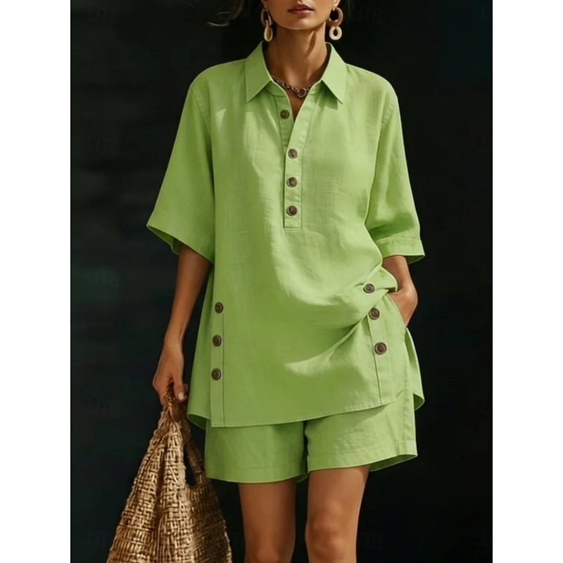 Collared 3/4 Sleeve Casual Shorts Set