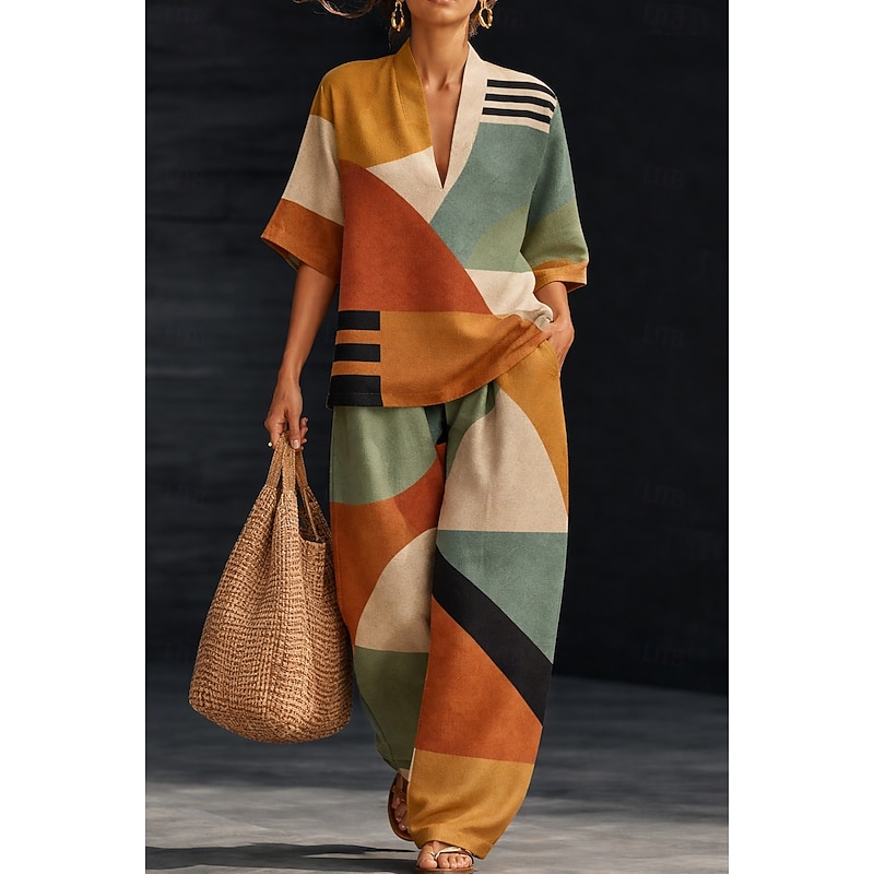 Geometric Print Sleeveless Office Tracksuit Set