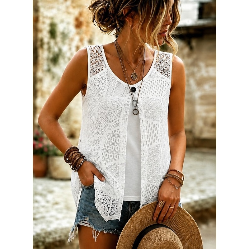 Women's Eyelet Top Lace Illusion Lace Elegant Bohemia Vacation Sleeveless Long Tops Casual Daily Holiday White Black Pink Grey + pink Summer Spring 20
