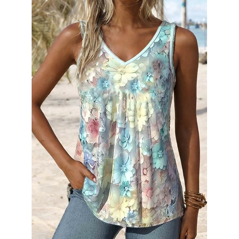 Women's Camisole Tank Top Floral Graphic Daily Stylish Romantic Sleeveless V Neck Regular Tops Print Light Blue Summer Spring 2026 - $22.99