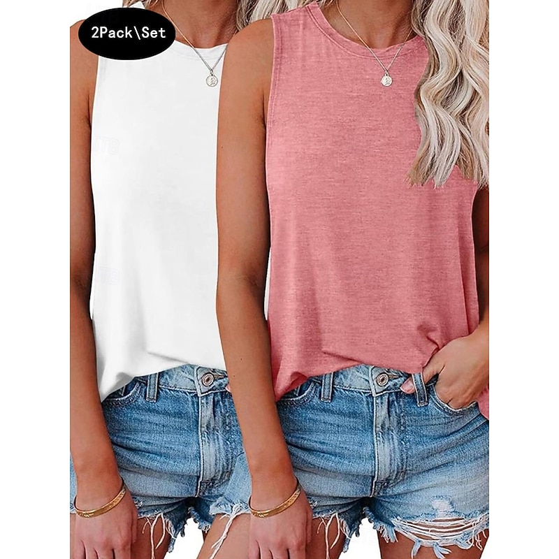 Multi Packs 2pcs Women's Crew Neck Sleeveless White+Pink Tank Sleeveless Shirt Tee Top Solid Color Casual Daily Polyester Summer 2026 - $25.99