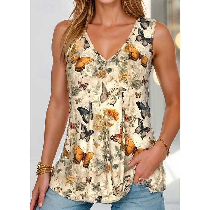 Women's Camisole Tank Top Floral Graphic Butterfly Daily Stylish Romantic Sleeveless V Neck Regular Tops Print Yellow Summer 2026 - $22.99