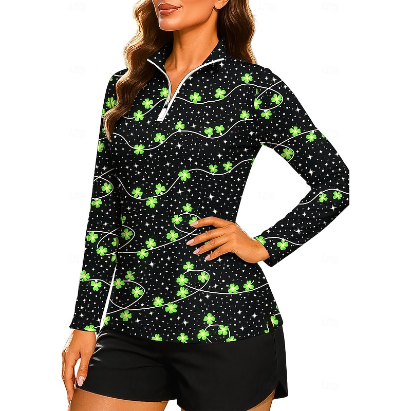 St. Patrick Women's Unisex Clover Sweatshirt Polo Sweatshirt Tops Shirt Long Sleeve Print Quarter Zip Pullover UPF50+ UV Resistant Elastic Breathable