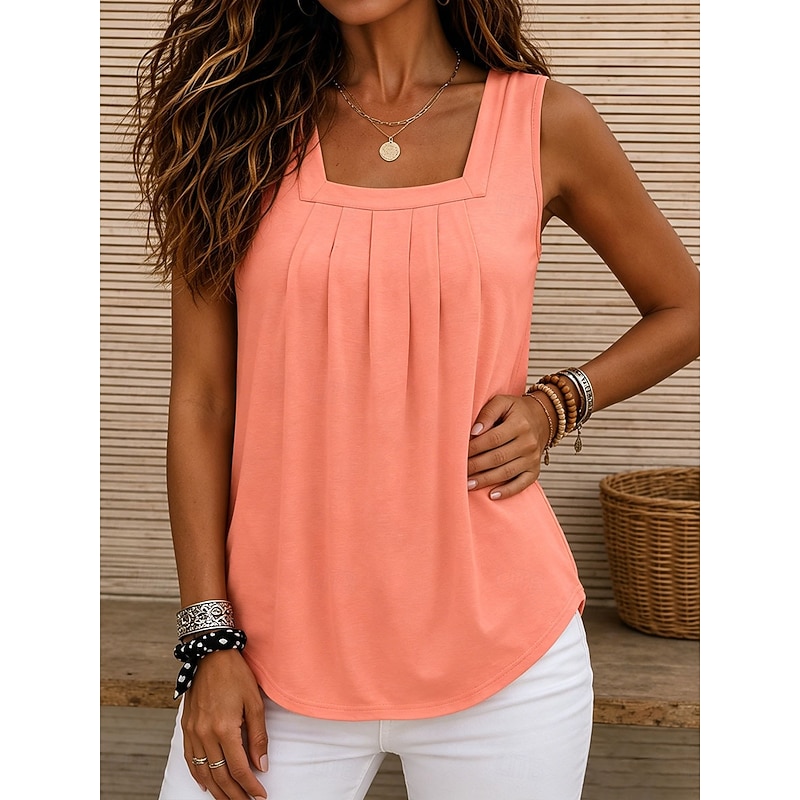 Women's Tank Solid Color Vintage Stylish Basic Sleeveless Square Neck Regular Tops Casual Daily Blue White Orange Green Gray Summer Spring 2026 - $21.