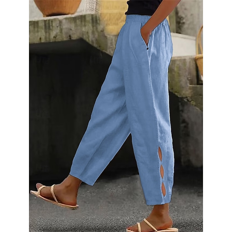 Women's Cotton Blend Chinos Summer Pants Fashion Streetwear Ankle-Length High Waist Plain Pocket Elastic Waistband Comfy Soft Comfortable Micro-elasti