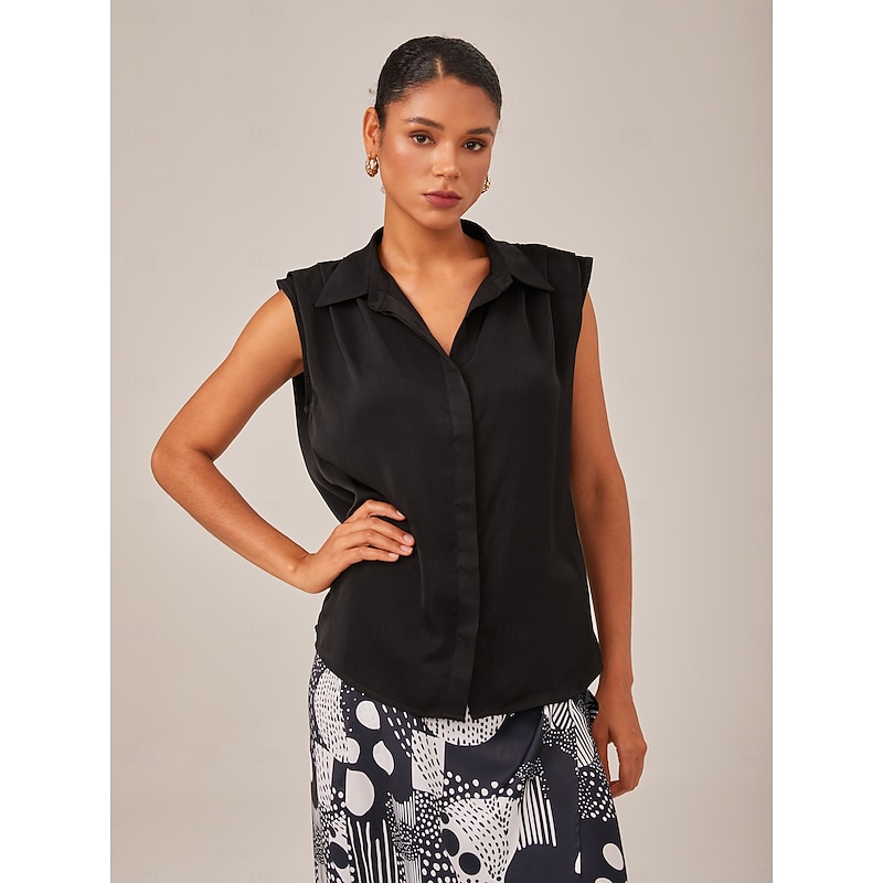 Satin Casual Solid Sleeveless Collared Shirt 2026 - $56.99