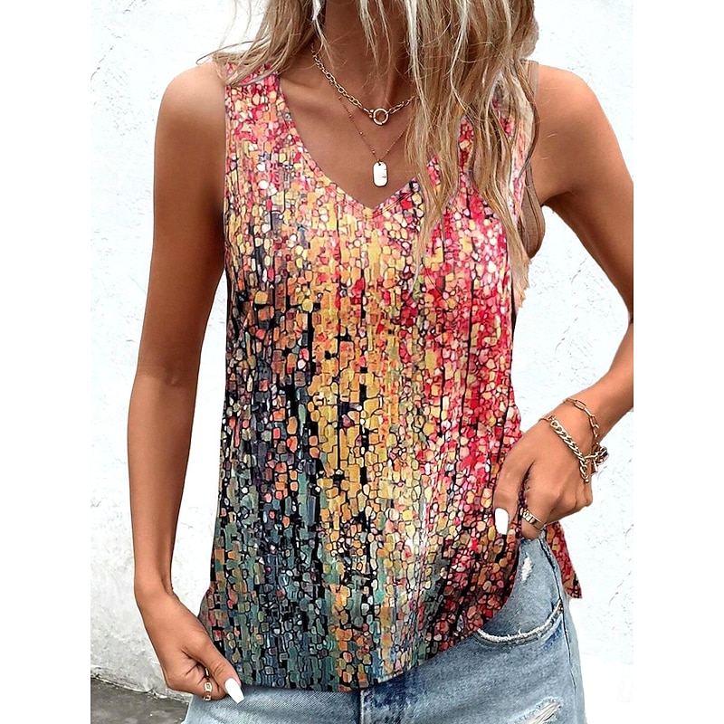 Women's Camisole Tank Top Mosaic Stained Glass Print Sleeveless V-Neck Summer Casual Beach Multi-Color Red Blue Green Flowy Relaxed Fit Clothing Appar