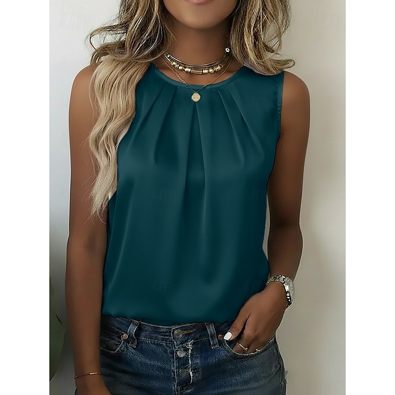 Women's Satin Top Satin Camisole Satin Tank T Shirt Ruched Plain Elegant Fashion Stylish Sleeveless Crew Neck Regular Tops Casual Daily Going out Blue