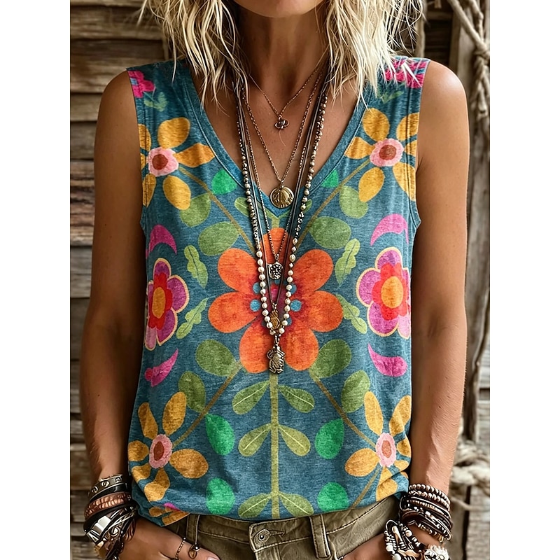 Women's Tank Top Print Floral Graphic Plants Stylish Sleeveless V Neck Regular Tops Casual Black Purple Green Summer Spring 2026 - $22.99