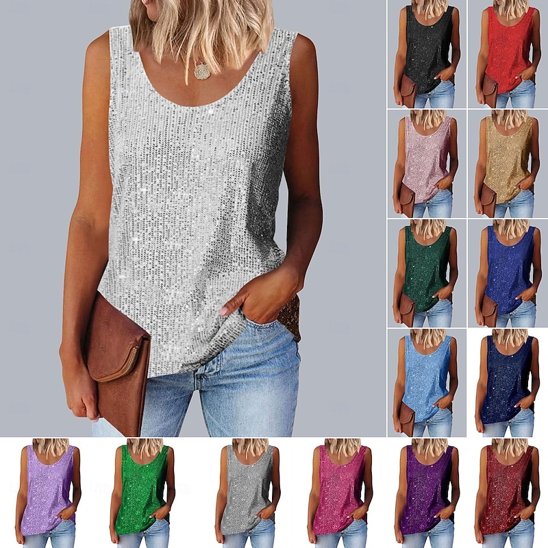 Women's Summer Tops Sequins Solid Color Elegant Vintage Streetwear Sleeveless Sleeveless Strap Regular Tops Beach Party Party Evening Wear Light Yello