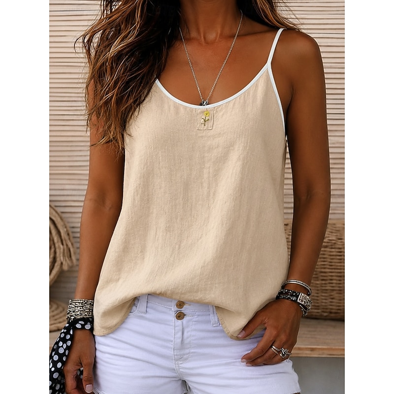 Women's Shirt Blouse Embroidered Solid Color Plain Vintage Sleeveless Scoop Neck Crop Tops Coffee brown Hemp natural color Navy Blue Apricot Summer Sp