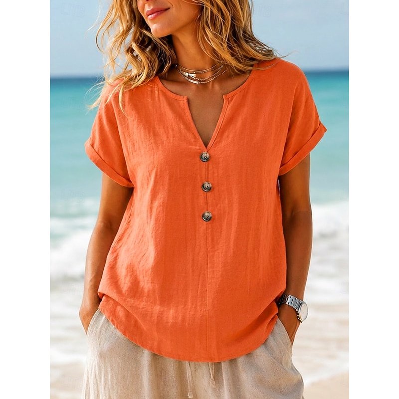 Women's Summer Shirt Buttons Vacation Short Sleeve Batwing Sleeve Notched Neck Casual White Red Orange Dark Blue Summer Spring 2026 - $21.99