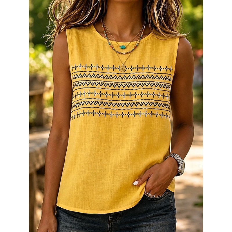 Women's Camisole Tank Top Graphic Geometric Tribal Elegant Bohemia Vintage Sleeveless Crew Neck Regular Tops Long Tops Casual White Yellow Pink Summer