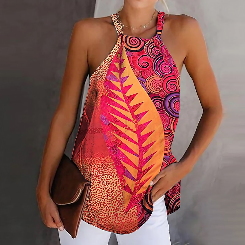 Women's Camisole Tank Top Boho Red Leaf Print Graphic Halter Neck Sleeveless Tank Ethnic Summer Stylish Casual Camisole Tank Top 2026 - $22.99