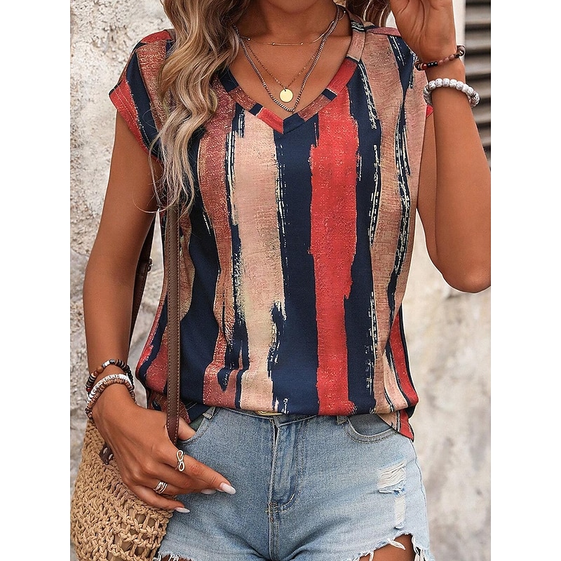 Women's Camisole Tank Top Striped Stylish Casual Short Sleeve V Neck Regular Tops Daily Print Blue Summer 2026 - $24.99