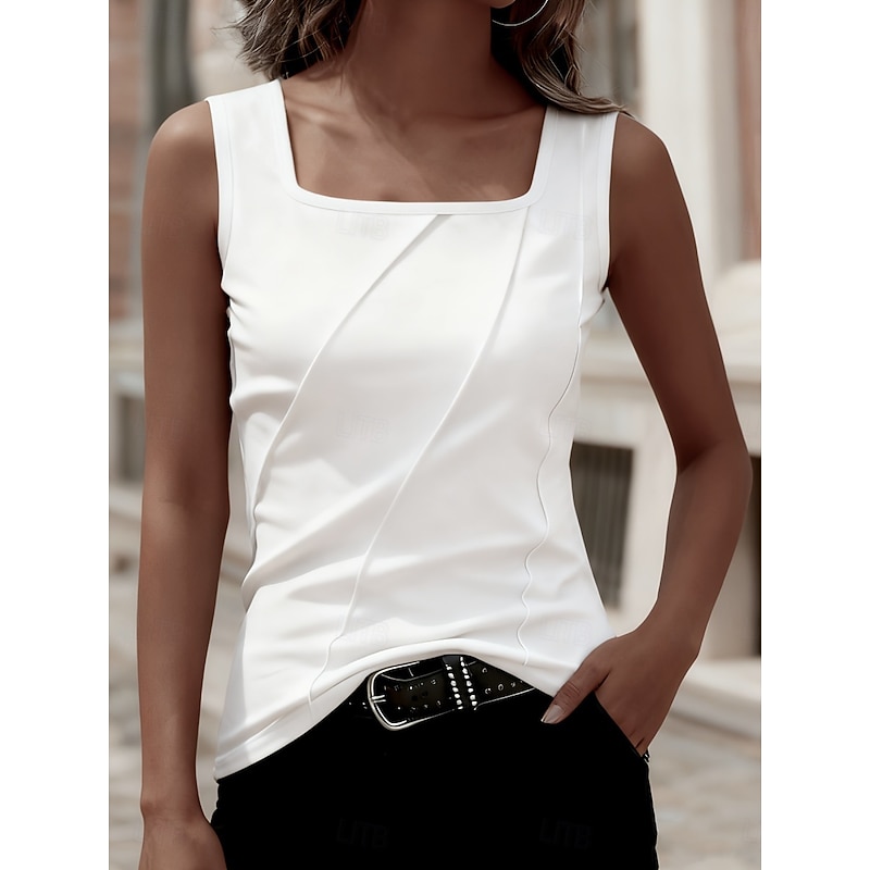 Women's Tank Top Sleeveless Shirt Tee Top Solid Color Fashion Classic Casual Sleeveless Square Neck Regular Tops Daily Going out Weekend Black White S