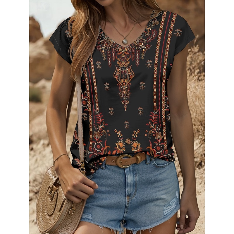 Women's Boho Camisole Tank Top Graphic Geometric Vintage Stylish Classic Sleeveless Short Sleeve V Neck Regular Tops Daily Print Yellow Red Blue Purpl