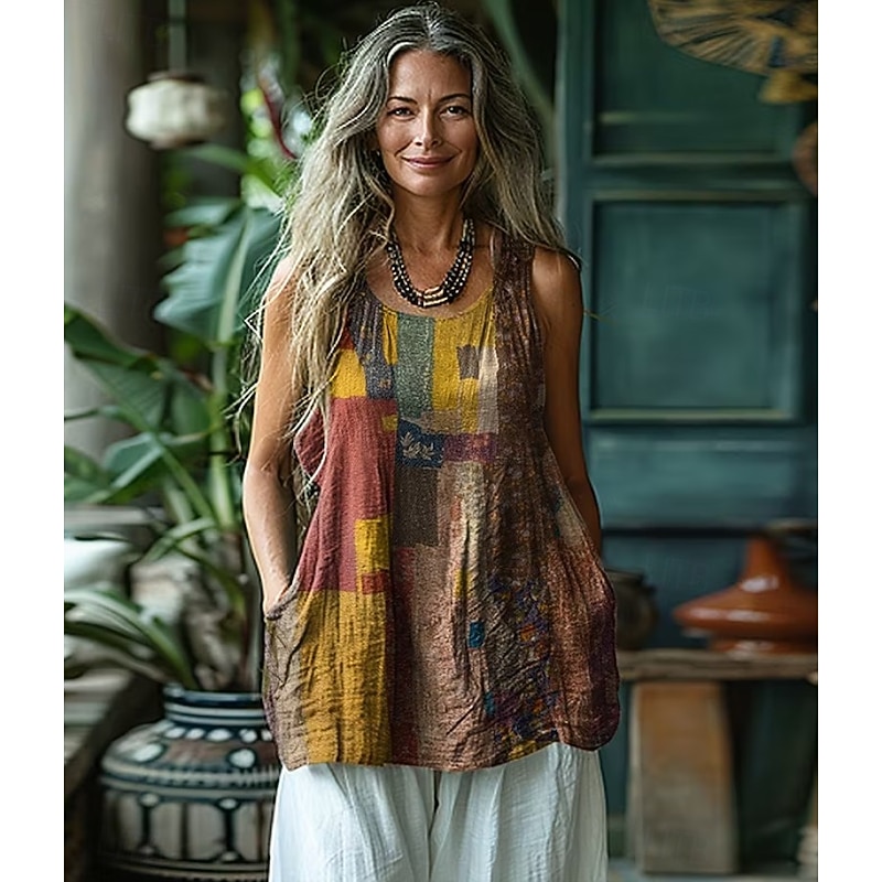 Women's Boho Shirt Graphic Abstract Bohemia Active Vacation Sleeveless Scoop Neck Long Tops Casual Brown Summer Spring 2026 - $25.99