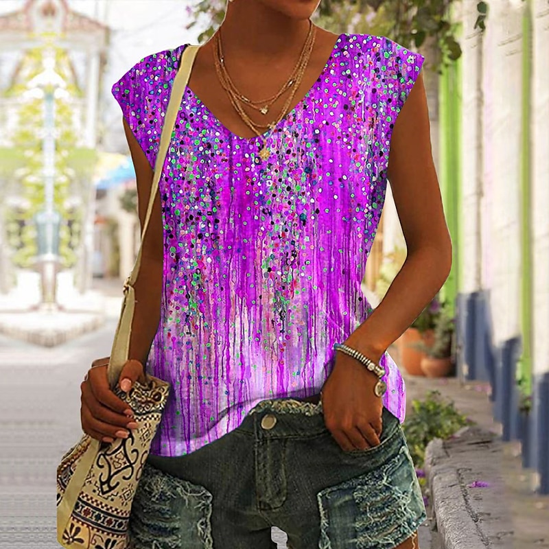 Women's Camisole Tank Top Basic Print Sleeveless Regular Tops V Neck Casual Pink Blue Purple Orange Green 2026 - $24.99