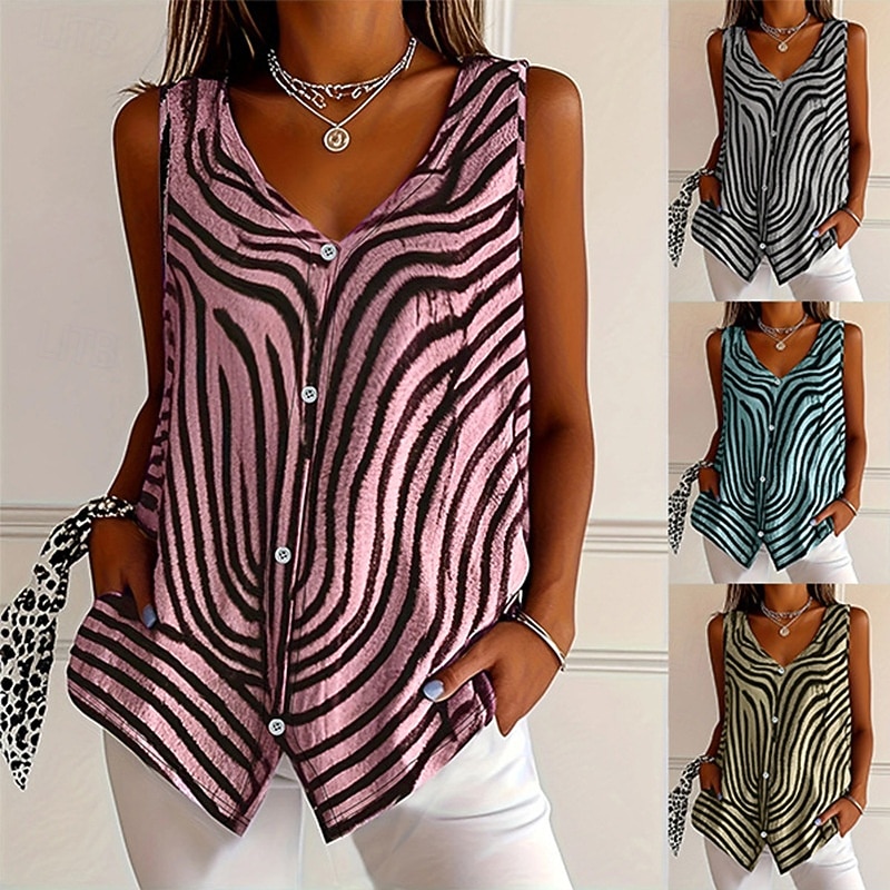Women's Camisole Tank Top Buttons Graphic Striped Vintage Stylish Casual Sleeveless V Neck Regular Tops Daily Blue Yellow Red Gray Summer Spring 2026