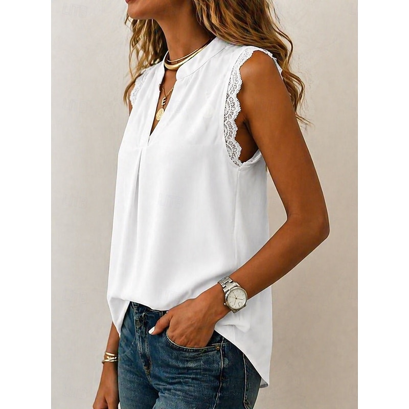 Women's Lace Shirt Blouse Chiffon Tops Patchwork Plain Elegant Vacation Sleeveless V Neck Long Tops Casual White Pattern Pink Green Beige Summer 2026