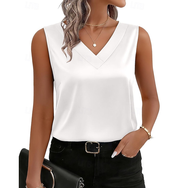 Women's Satin Top Satin Camisole Satin Tank Satin Shirt Patchwork Solid Color Elegant Vintage Stylish Sleeveless V Neck Regular Tops Daily Work Holida