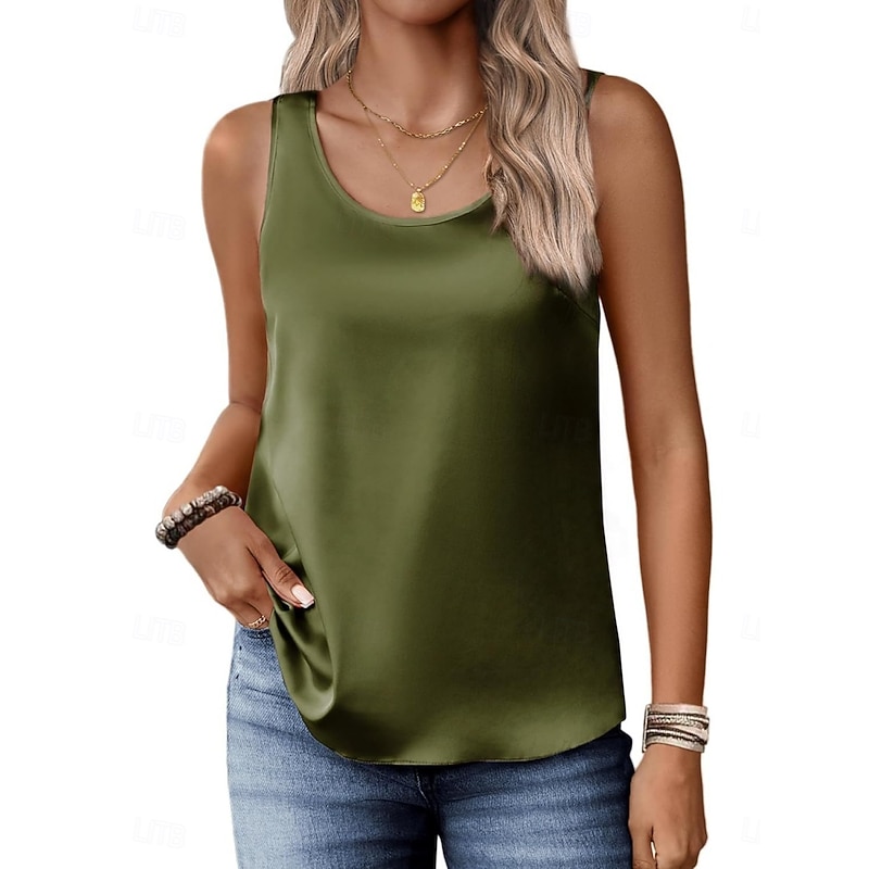 Women's Tank Top Sleeveless Shirt Tee Top Solid Color Stylish Basic Classic Sleeveless Crew Neck Regular Tops Daily Going out Weekend Champagne Gold B