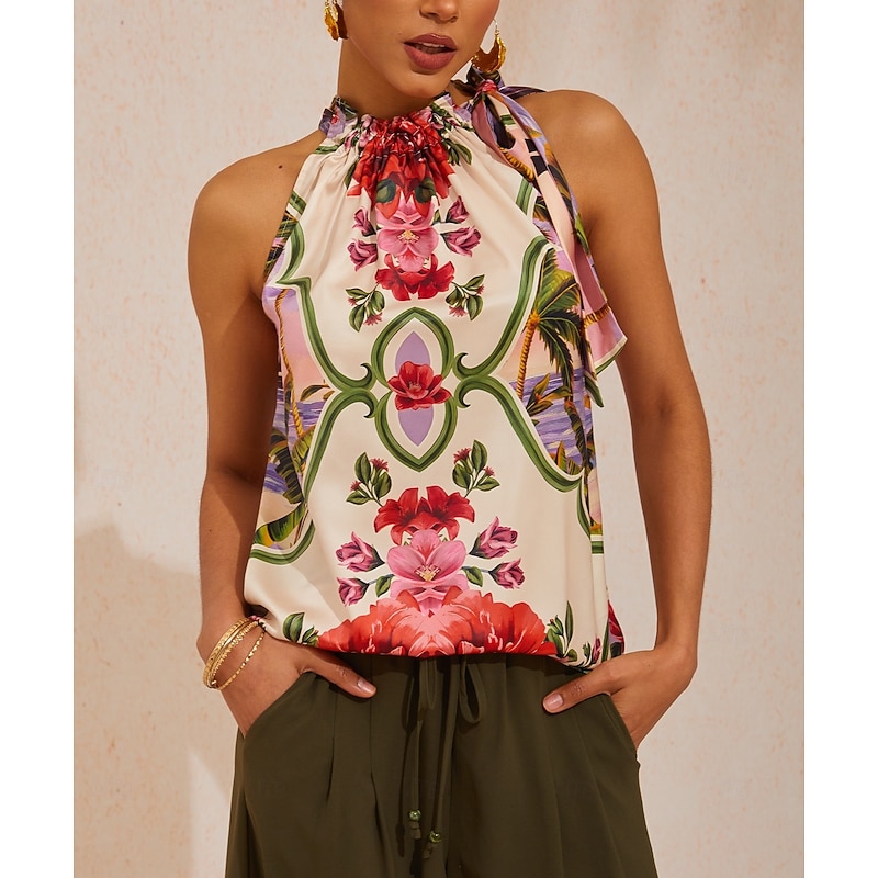 Hawaii Palm Silky Satin Floral Top 2026 - $56.99